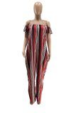 Red Casual Striped Patchwork Off the Shoulder Plus Size Jumpsuits
