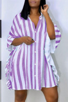 Фиолетовый модный повседневный полосатый принт в стиле пэчворк с отложным воротником-рубашкой, платья-платья