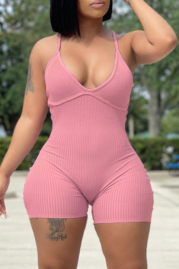 Roze Sexy Casual Solid Backless Spaghetti Band Skinny Romper