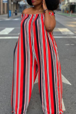 Red Casual Striped Patchwork Off the Shoulder Plus Size Jumpsuits