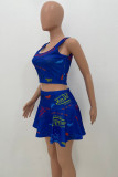 Blue Casual Letter Print Patchwork U Neck Sleeveless Two Pieces