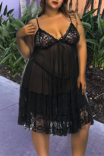 Black Sexy Solid Lace Split Joint Spaghetti Strap Sling Dress Plus Size Dresses