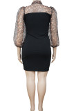 Svart sexig leopard patchwork genomskinlig bandkrage omslagen kjol Plus size klänningar