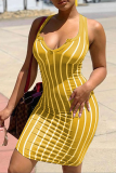Желтый сексуальный принт пэчворк U-образным вырезом юбка-карандаш платья