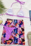 Purple Fashion Sexy Print Backless Swimwears Three-piece Set