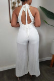 White Fashion Sexy Solid Patchwork Backless Halter Regular Jumpsuits
