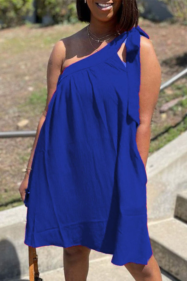 Blue Sexy Solid Bandage Patchwork Oblique Collar Irregular Dress Dresses