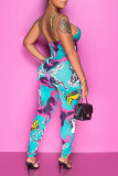 Multicolor Fashion Sexy Print Bandage ausgehöhlter rückenfreier Spaghetti-Träger Regular Jumpsuits