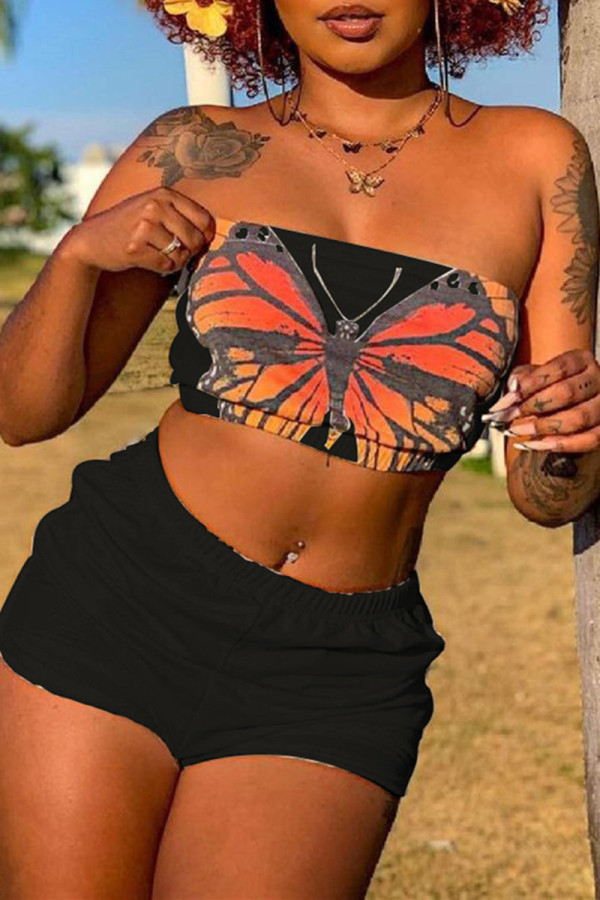 Zwart sexy casual vlinderprint rugloos strapless mouwloos tweedelig broekje