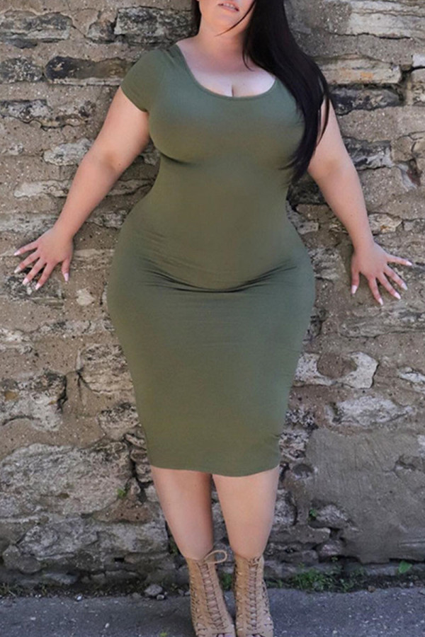 Army Green Casual Solid Patchwork O Neck Pencil Skirt Plus Size Dresses