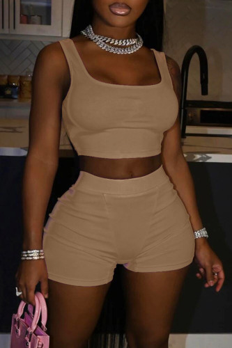Khaki Casual Sportswear Solid Vests U Neck Sleeveless Two Pieces