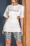 White Fashion Casual Letter Print Hollowed Out O Neck Short Sleeve Two Pieces