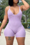 Barboteuse skinny violette sexy et décontractée, couleur unie, dos nu, bretelles spaghetti