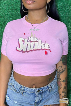 Rosa lässig bedruckte Patchwork-T-Shirts mit O-Ausschnitt und mittlerer Taille