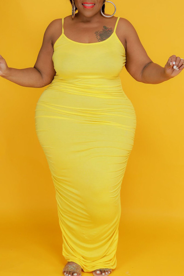 Amarelo Sexy Sólido Patchwork Fold Spaghetti Strap Sling Dress Plus Size Vestidos
