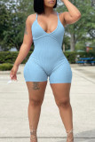Blue Sexy Casual Solid Backless Spaghetti Strap Skinny Romper