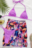 Paarse Mode Sexy Print Backless Swimwears Driedelige Set