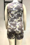 Camouflage Sexy Print Patchwork U Neck Plus Size Two Pieces