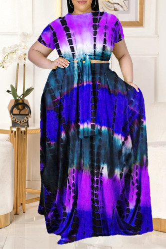 Фиолетовый модный повседневный принт с круглым вырезом плюс размер из двух частей