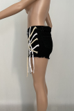 Black Casual Patchwork Draw String Mid Waist Skinny Denim Shorts
