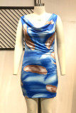 Blå Mode Sexig Plus Size Print Basic O-hals ärmlös klänning