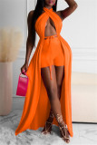 オレンジ色のファッションセクシーなソリッドバックレスホルターノースリーブツーピース
