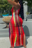 Красное модное сексуальное платье с принтом Tie Dye Slit U-образным вырезом и жилетом