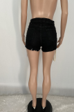 Colour Casual Patchwork Draw String Mid Waist Skinny Denim Shorts