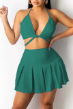 Light Green Sexy Solid Bandage Patchwork Fold Halter Two Pieces
