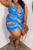 Синее модное сексуальное платье больших размеров с принтом и круглым вырезом без рукавов