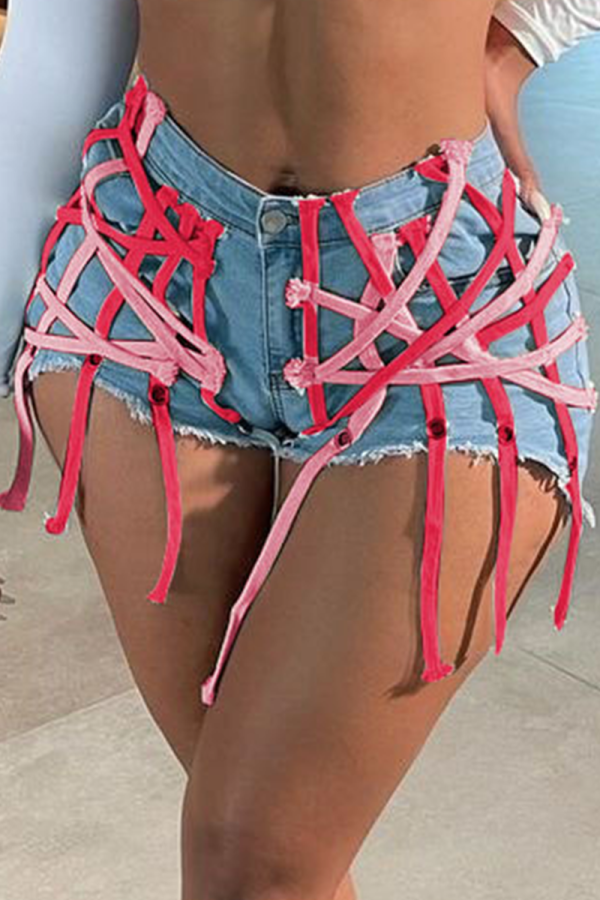Färg Casual Patchwork Draw String Skinny Denim Shorts med mitten av midjan