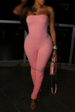 Roze sexy casual effen rugloze vouw strapless skinny jumpsuits