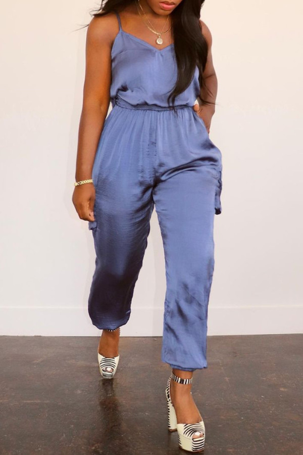 Peacock Blue Sexy Casual Solid Backless Spaghetti Band Regular Jumpsuits