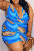 Blauwe mode sexy plus size print basic O-hals mouwloze jurk