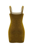 ゴールドファッションセクシーなソリッドバックレススパゲッティストラップノースリーブドレス