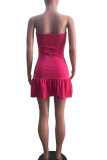 Rose Red Sexy Solid Patchwork Strapless A Line Dresses