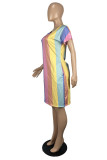 Vestido de manga curta casual com estampa listrada cor de arco-íris básico decote em V