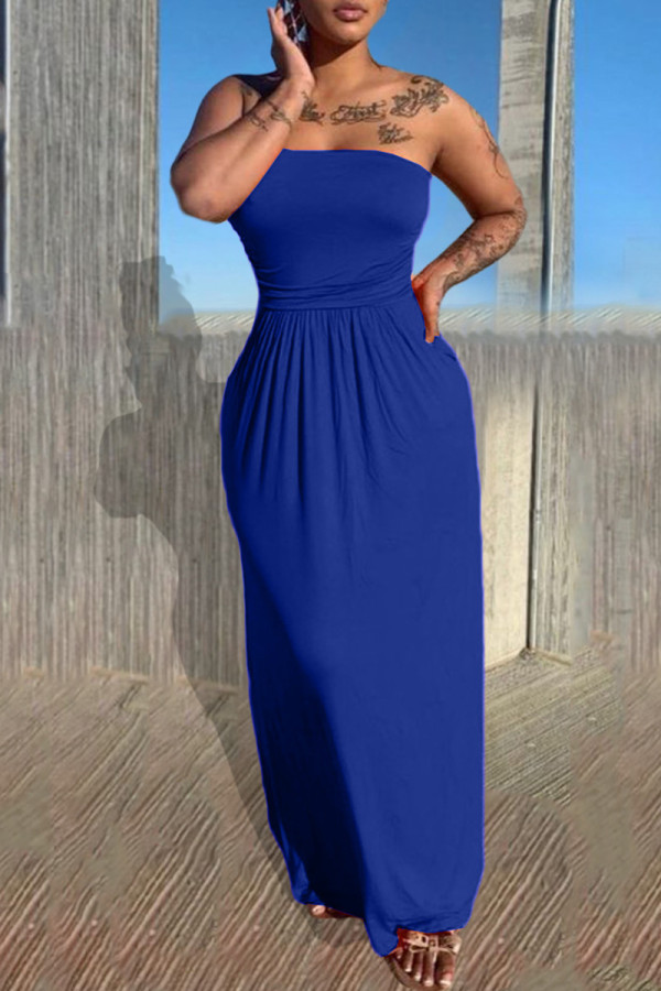 Синее сексуальное повседневное однотонное платье без бретелек без спинки без рукавов