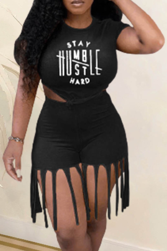 Black Casual Print Tassel O Neck Short Sleeve Two Pieces