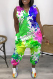 Lila Fashion Casual Print Basic V-Ausschnitt ärmellose Regular Jumpsuits