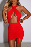 Red Sexy Solid Patchwork Draw String Halter Pencil Skirt Dresses