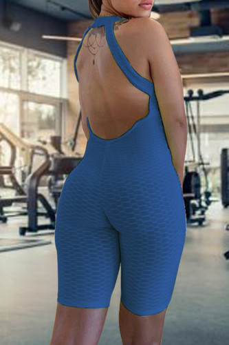 Blue Sexy Sportswear Solid Backless O Neck Skinny Romper