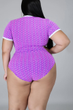 Purple Sexy Print Patchwork O Neck Plus Size Two Pieces