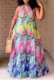 Färg Mode Sexig Plus Size Print Rygglös Vik O-hals ärmlös klänning