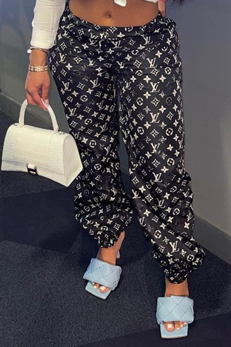 

Black Fashion Casual Print Basic Regular High Waist Trousers