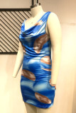 Vestido azul fashion sexy plus size com estampa básica gola O sem mangas