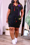 Schwarzes, modisches, lässiges, bedrucktes Basic-Kleid mit V-Ausschnitt und kurzen Ärmeln
