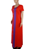 赤 カジュアル プリント パッチワーク Oネック ストレート プラスサイズ ドレス