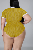 Yellow Sexy Print Patchwork O Neck Plus Size Two Pieces