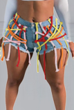 Pantalones cortos de mezclilla ajustados de cintura media con cordón de cordón casual de color